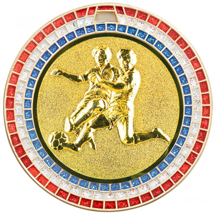 70MM MALE FOOTBALL RED, WHITE AND BLUE GEM MEDAL - GOLD